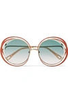 CHLOÉ CARLINA OVERSIZED ROUND-FRAME GOLD-TONE SUNGLASSES