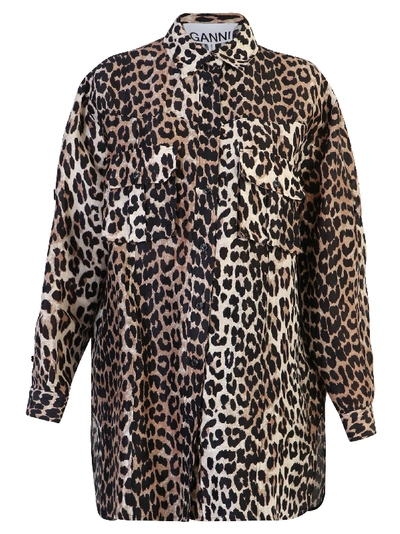 Ganni Camberwell Leopard-print Linen And Cotton-blend Canvas Jacket In Brown