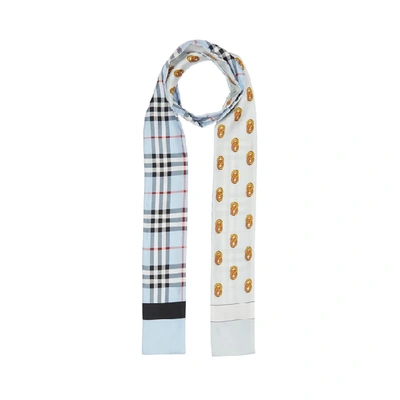 Burberry Vintage Check And Link Print Silk Skinny Scarf In Pale Blue