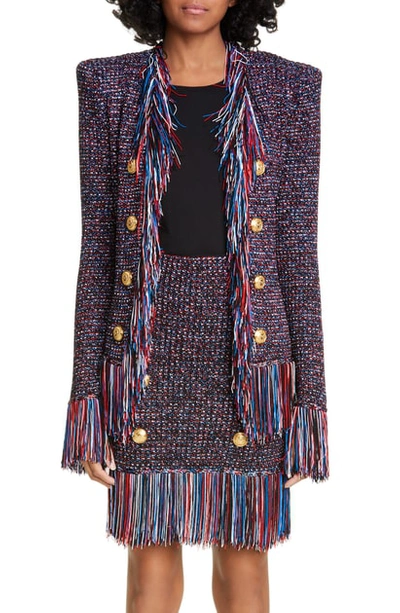 Balmain Viscose Blend Tweed Blazer W/ Fringes In Multicolor