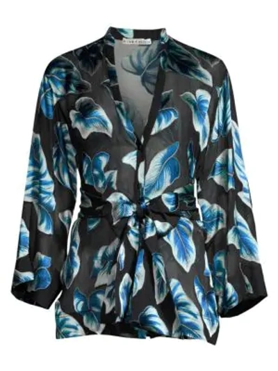 Alice And Olivia Rosario Leaf-printed Button-front Tie-waist Kimono Top In Paradise Leaves Black Blue
