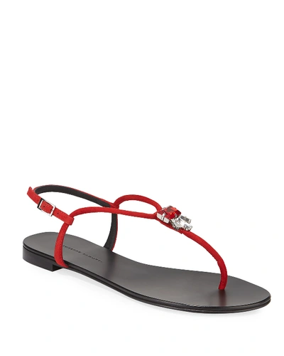 Giuseppe Zanotti Jeweled Suede Flat Thong Sandals In Red