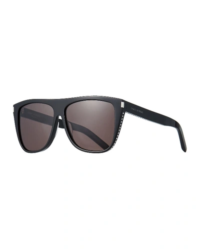 Saint Laurent Unisex Studded Flat Top Square Sunglasses, 59mm In Black/ W/ Silver Studs/ Grey