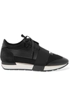 BALENCIAGA RACE RUNNER STRETCH-KNIT, MESH, SUEDE AND LEATHER SNEAKERS
