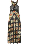 PACO RABANNE BLACK ROSE EMBROIDERED FLORAL-PRINT SATIN MAXI DRESS