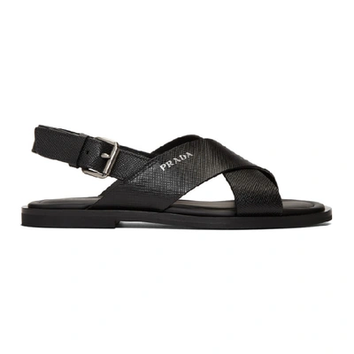 Prada Cross-strap Saffiano-leather Sandals In Black