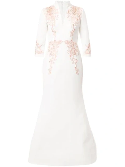 Badgley Mischka Embroidered Floral Gown In White