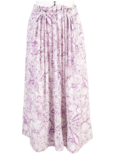 Tibi Isa Denim-trimmed Printed Silk Crepe De Chine Skirt In Purple