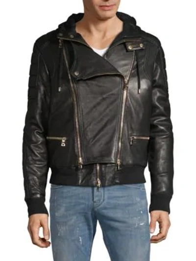 Balmain Quilted Hooded Leather Jacket In Black