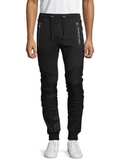 Balmain Drawcord Cotton & Suede Jogger Pants In Black