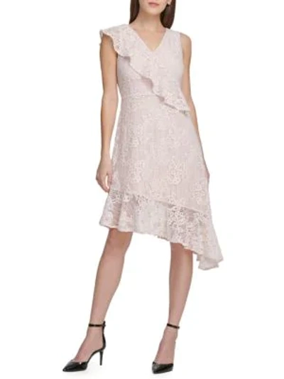 Donna Karan Asymmetric Lace Midi Dress In Pale Pink