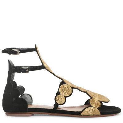 Alaïa Black Suede Gold Raffia Flat Sandals In Black/gold