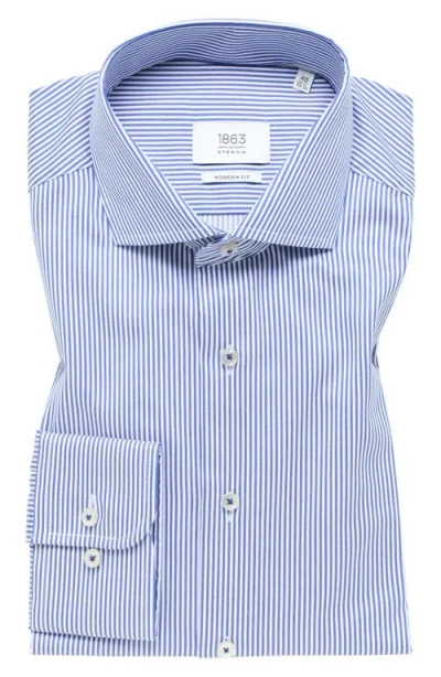 1863 By Eterna Banker Stripe Non-iron Cotton Twill Dress Shirt In Blue