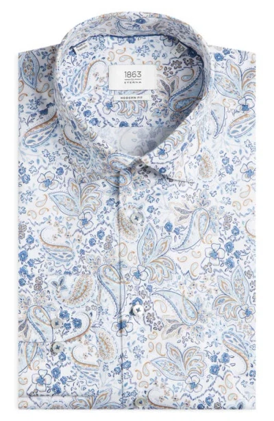 1863 By Eterna Modern Fit Floral Paisley Non-iron Cotton & Linen Dress Shirt In Blue