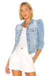 Retroféte Ada Puff-sleeve Distressed Denim Jacket In Light Blue Stone