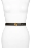 Tory Burch Reversible 1.5" Logo-buckle Belt In Black New Cuoio