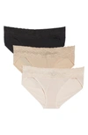 Natori Bliss Lace Trim High Rise Brief Underwear 3-pack 755058mp In Cameo Rose/black/cafe