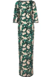RACHEL ZOE LINA OPEN-BACK CHIFFON-TRIMMED SEQUINED PRINTED CREPE GOWN