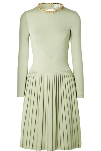 Burberry Chain-embellished Open-back Pleated Silk-blend And Jersey Dress In Light Green