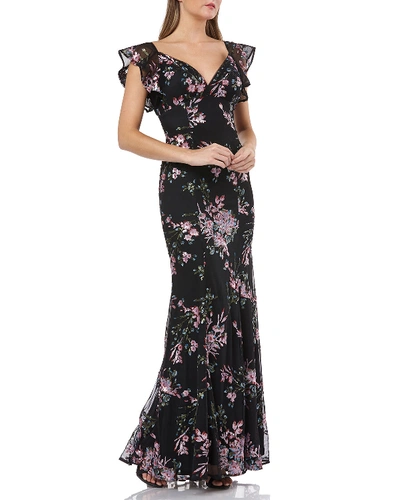 Carmen Marc Valvo Infusion Sequin Floral-motif Flutter-sleeve Gown In Black Multi