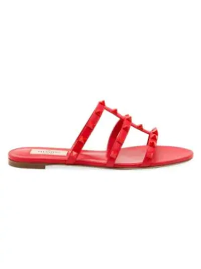 Valentino Garavani Tonal Rockstud Flat Leather Slide Sandals In Red