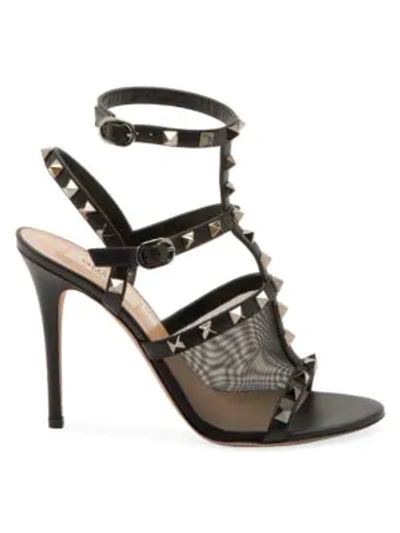 Valentino Garavani Rockstud Mesh/leather T-strap Sandals In Black