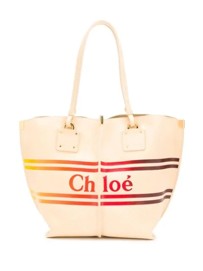 Chloé Vick Striped Logo Leather Tote Bag In Neutrals