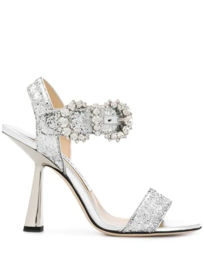 Jimmy Choo Sereno 100 Silver Galactica Glitter Fabric Sandals With Jewelled Buckle