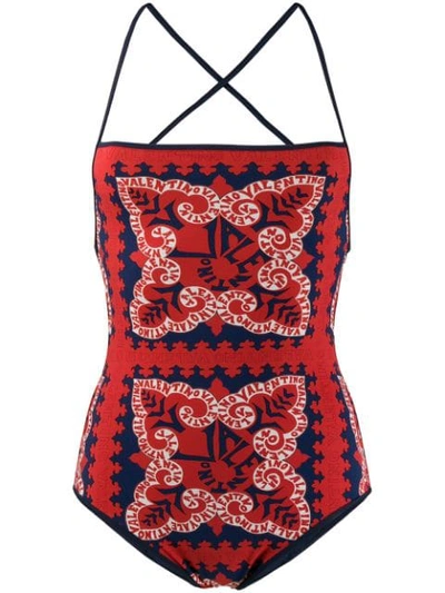 Valentino Logo Printed Lycra One Piece Swimsuit In Red