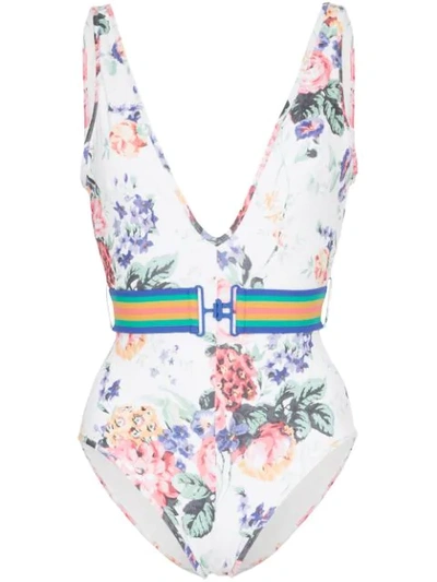 Zimmermann 'allia' Belted Floral Print One-piece Swimsuit In White