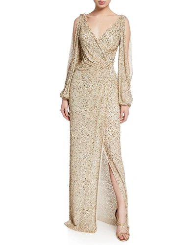 Jenny Packham Cold-shoulder Wrapped Shimmer Gown In Gold