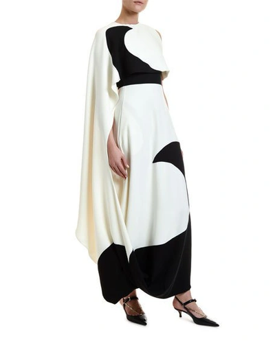 Valentino Moon-print Asymmetric Cape Silk Gown In Ivory