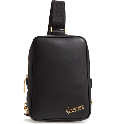 Versace Logo Leather Sling Bag - Black In Black Warm Gold