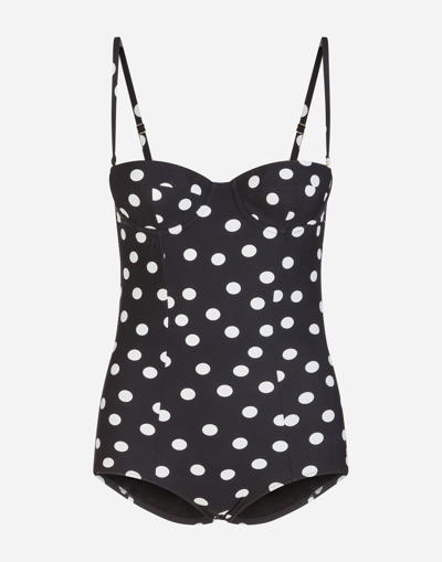 Dolce & Gabbana One-piece Balconette Swimsuit With Polka Dot Print In Black