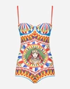 DOLCE & GABBANA ONE-PIECE BALCONETTE SWIMSUIT WITH CART AND QUEEN PRINT