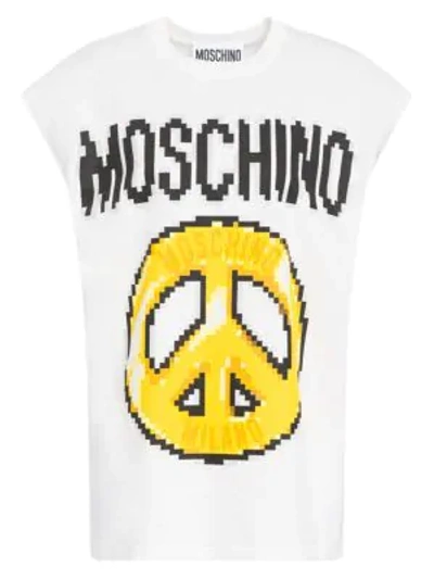 Moschino Women's T-shirt Short Sleeve Crew Neck Round Peace Pixel Capsule In White