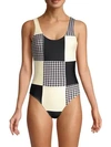 PAPER LONDON Patchwork Grid Gingham & Solid One-Piece Swimsuit