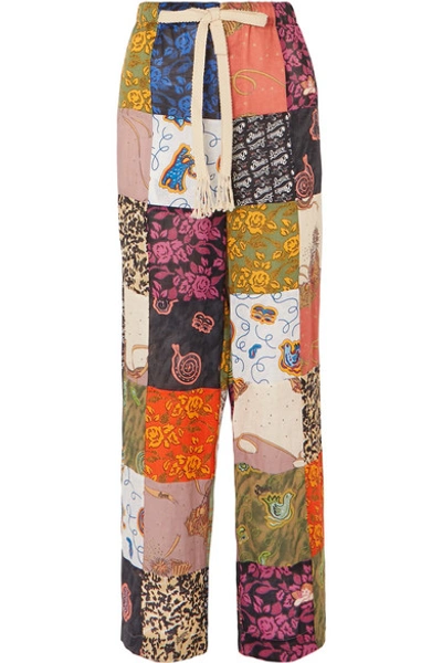 Loewe + Paula's Ibiza Patchwork Printed Linen-blend Wide-leg Trousers In Burgundy