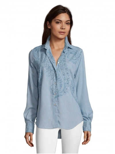 Dressing Gownrt Graham Women's Carrie Paisley Embroidered Chambray Shirt In With Mother Of Pearl Buttons Size: Xl By Dressing Gownrt In Blue