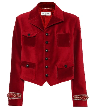 Saint Laurent Cuff-embroidered Cropped Jacket In Rouge