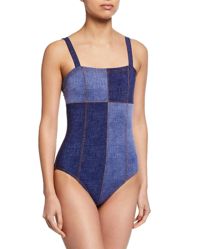 Karla Colletto Louise Patchwork Bandeau One-piece Swimsuit In Blue