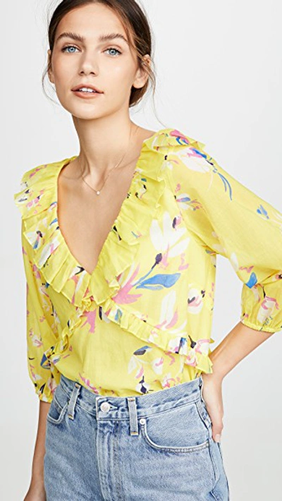 Tanya Taylor Lourdes Floral-print V-neck Half-sleeve Ruffle Top In Floral Yellow