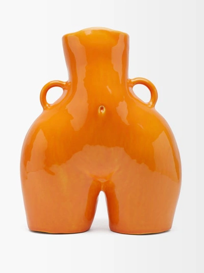 Anissa Kermiche Orange Love Handles Ceramic Vase 31cm In Orange Shiny