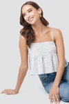 NA-KD STRIPE LINEN BLEND RUFFLE CAMI TOP - WHITE