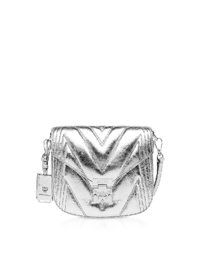 Mcm Patricia Shoulder Bag In Quilted Metallic Leather In Light Silver