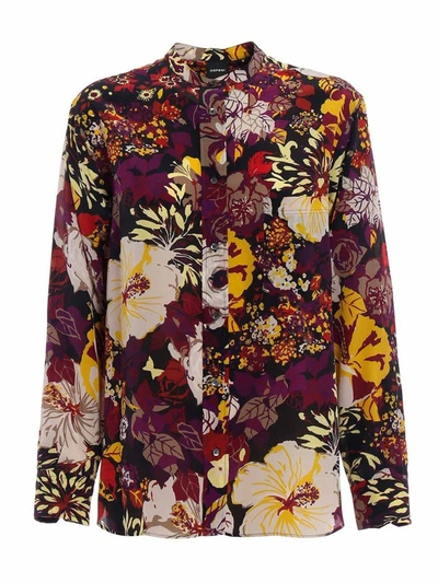 Aspesi Flower Print Silk Guru Collar Shirt In Multicolour