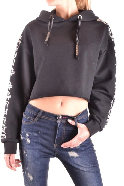 Philipp Plein Cropped Black Hoodie With Gothic Text In Gray