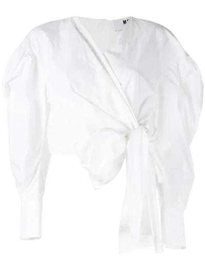 Msgm Puff-sleeve Cropped Wrap Blouse In White