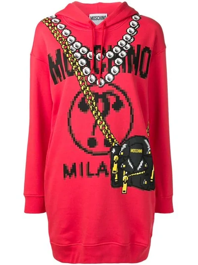 Moschino Pixel Capsule Short Hooded Dress In Red