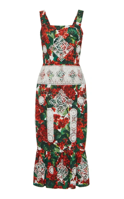 Dolce & Gabbana Floral-print Cotton-blend Midi Dress In Red